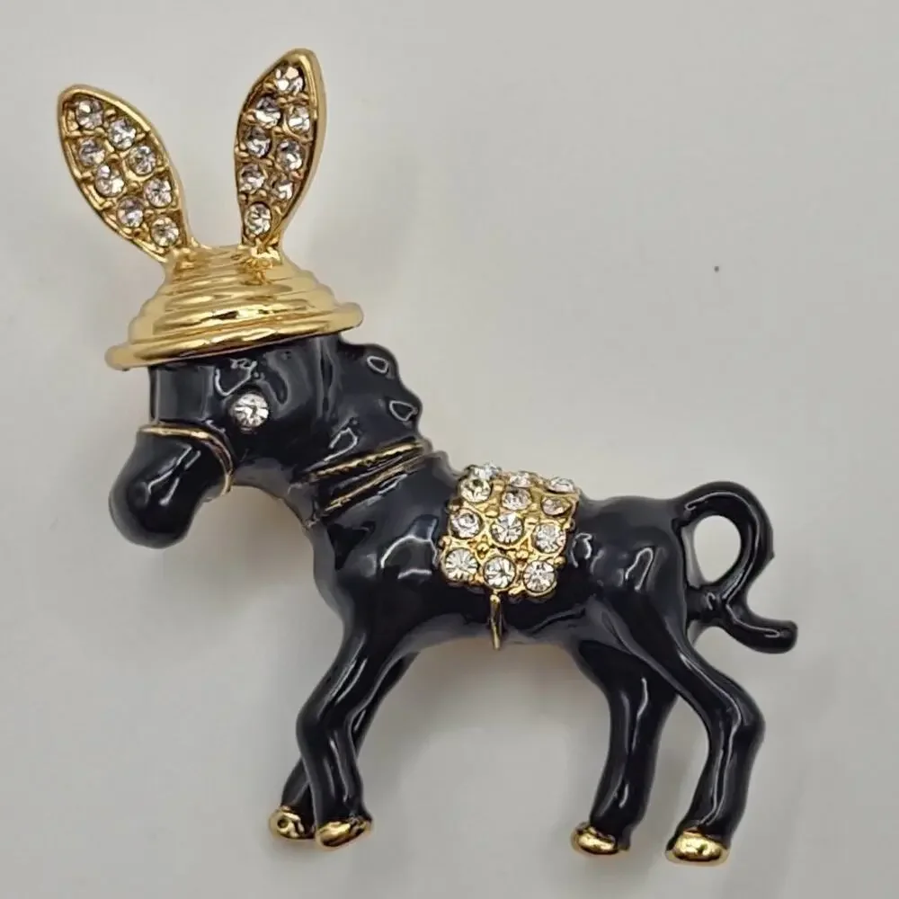 Donkey Burro Enamel Faux Rhinestone Brooch Black w/ Hat and Saddle